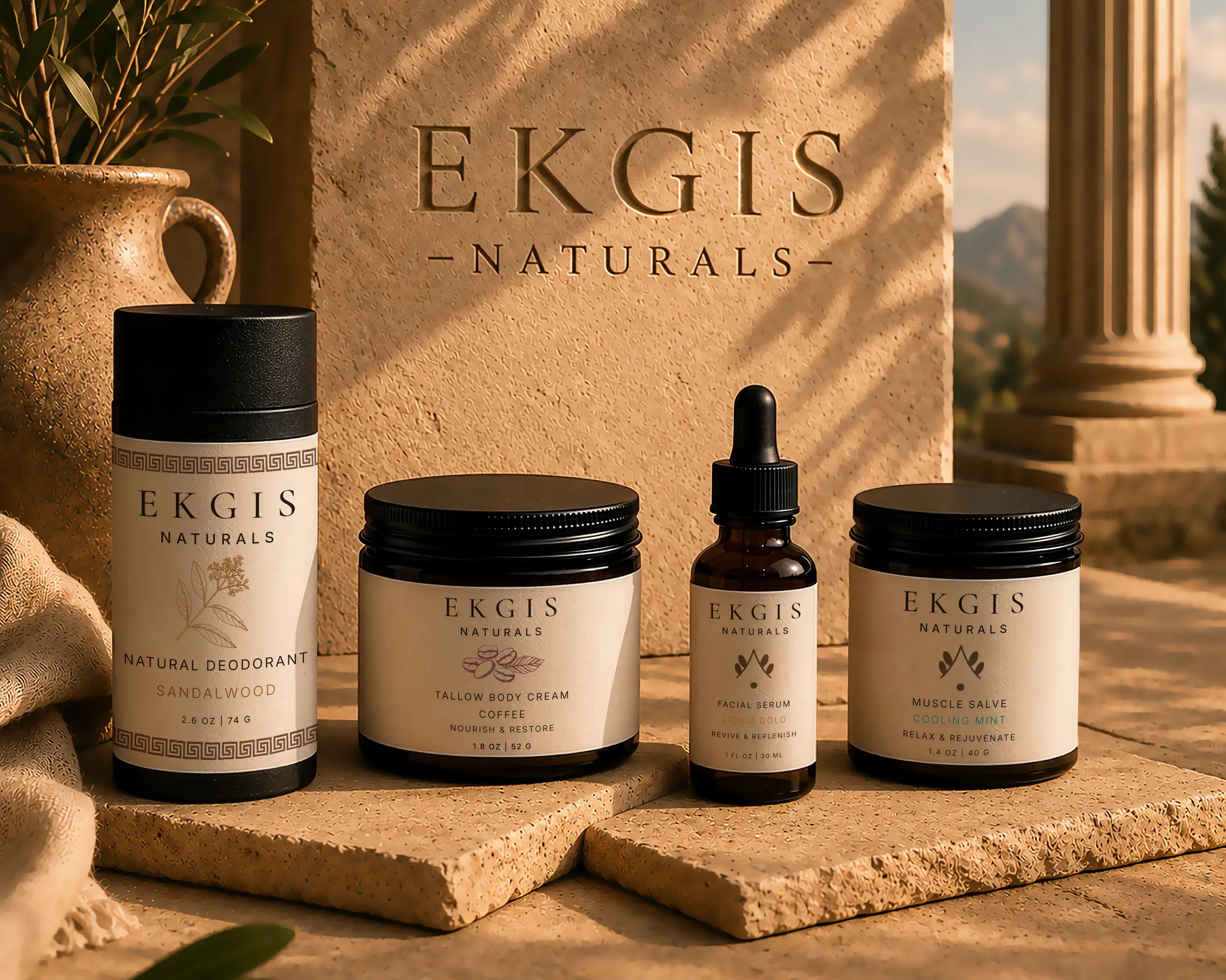 Four EKGIS Naturals products arranged on sunlit stone beneath an engraved EKGIS Naturals backdrop.