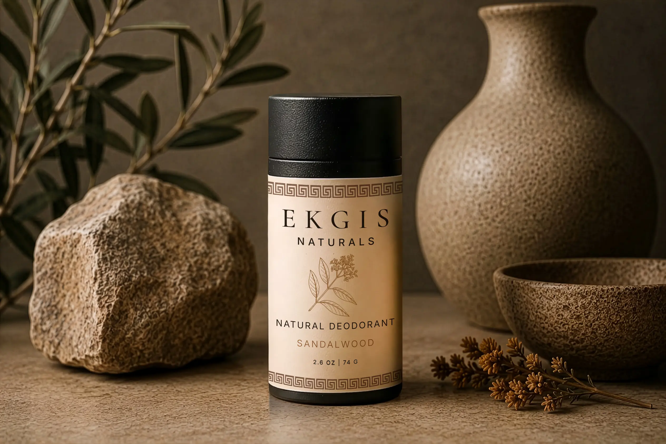 EKGIS Naturals Natural Deodorant Stick — Cedarwood — staged with a stone, olive branches, and a ceramic vase.